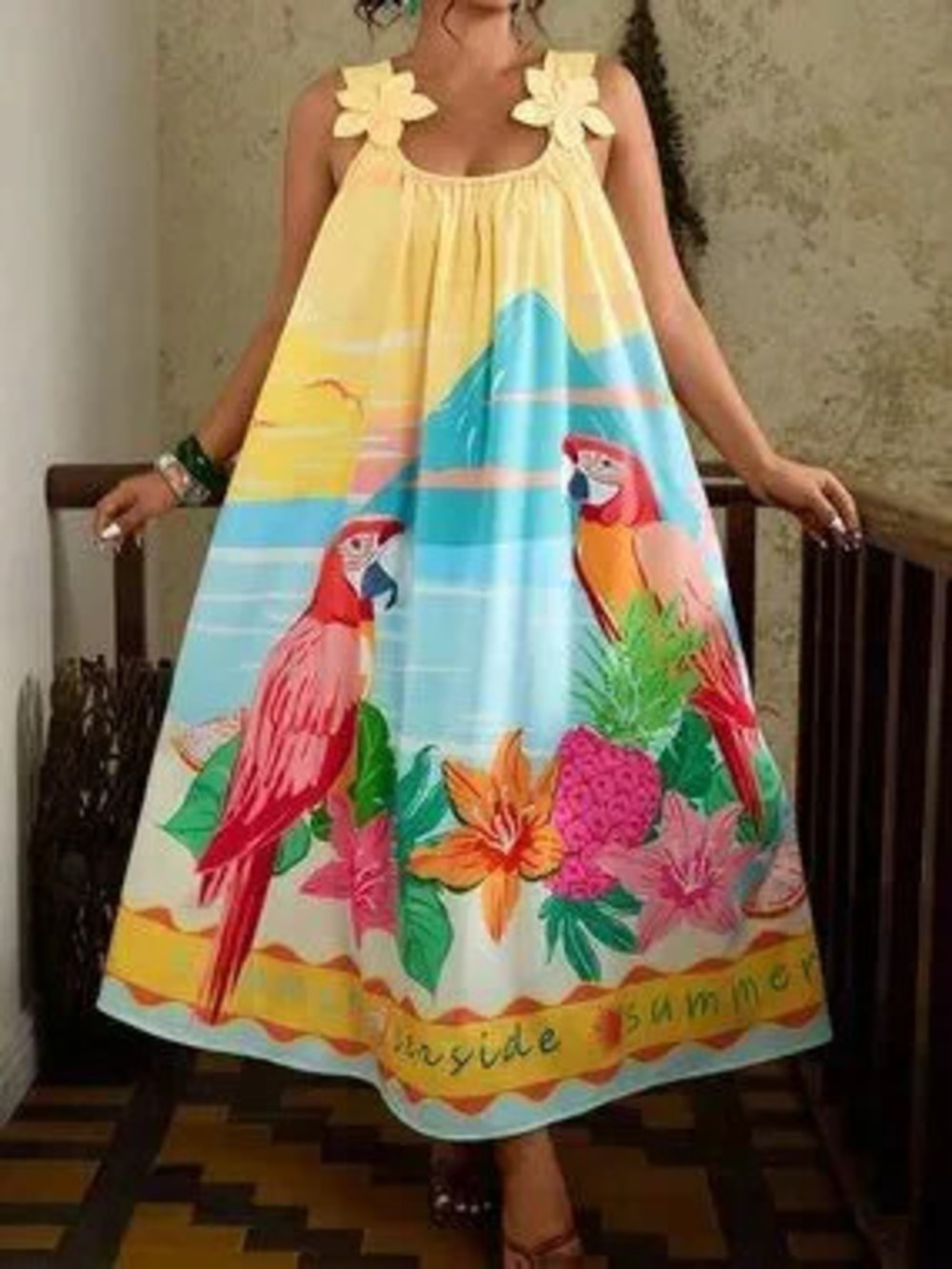 Yellow Boho Women's Backless Frill Knot Long Flared Dress